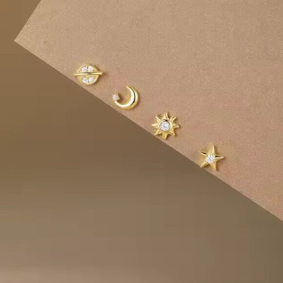 4 Piece Celestial Stud Earring Set Gold CZ Star Moon Sun Planet for Stacked Ears - Picture 6 of 6